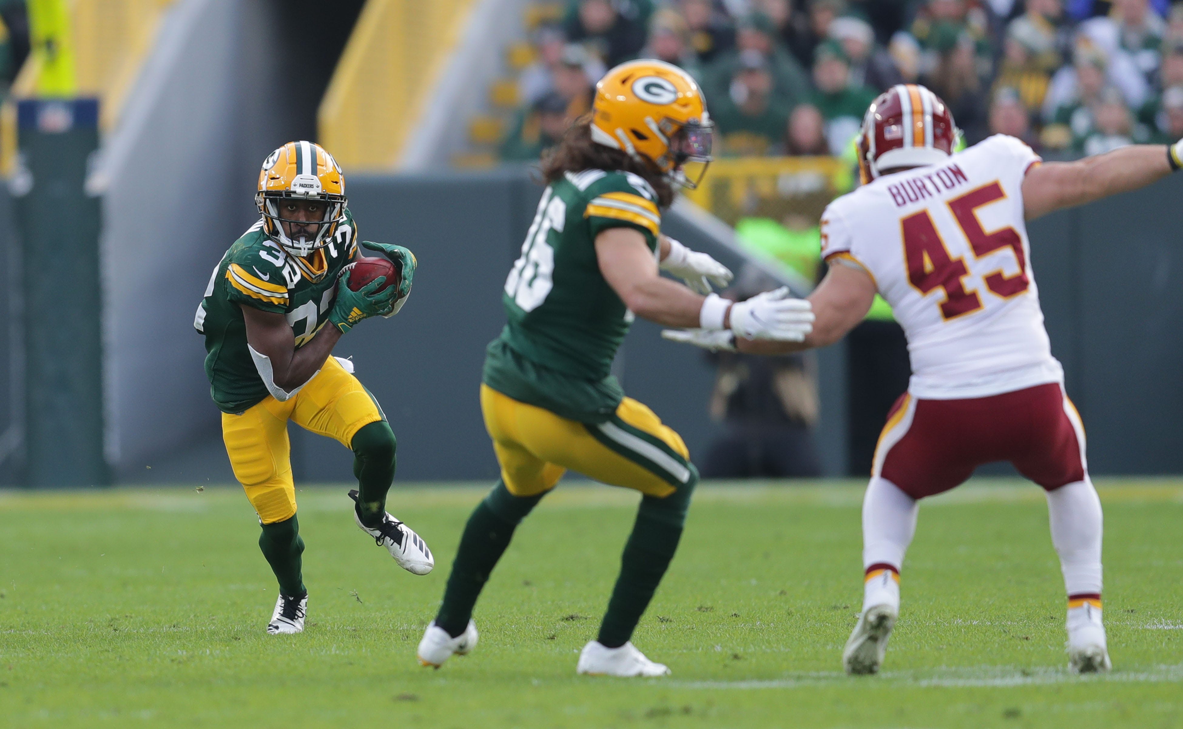 Oct 6, 2019: Green Bay Packers defensive back Chandon Sullivan #39  celebrates a turnover in the third quarter during an NFL game between the Green  Bay Packers and the Dallas Cowboys at