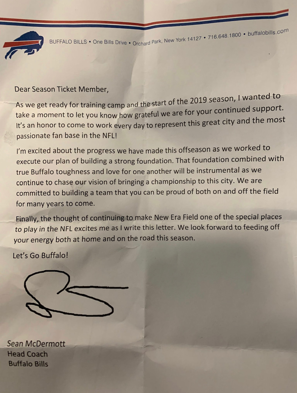 Sean McDermott pens letter to Buffalo Bills fans