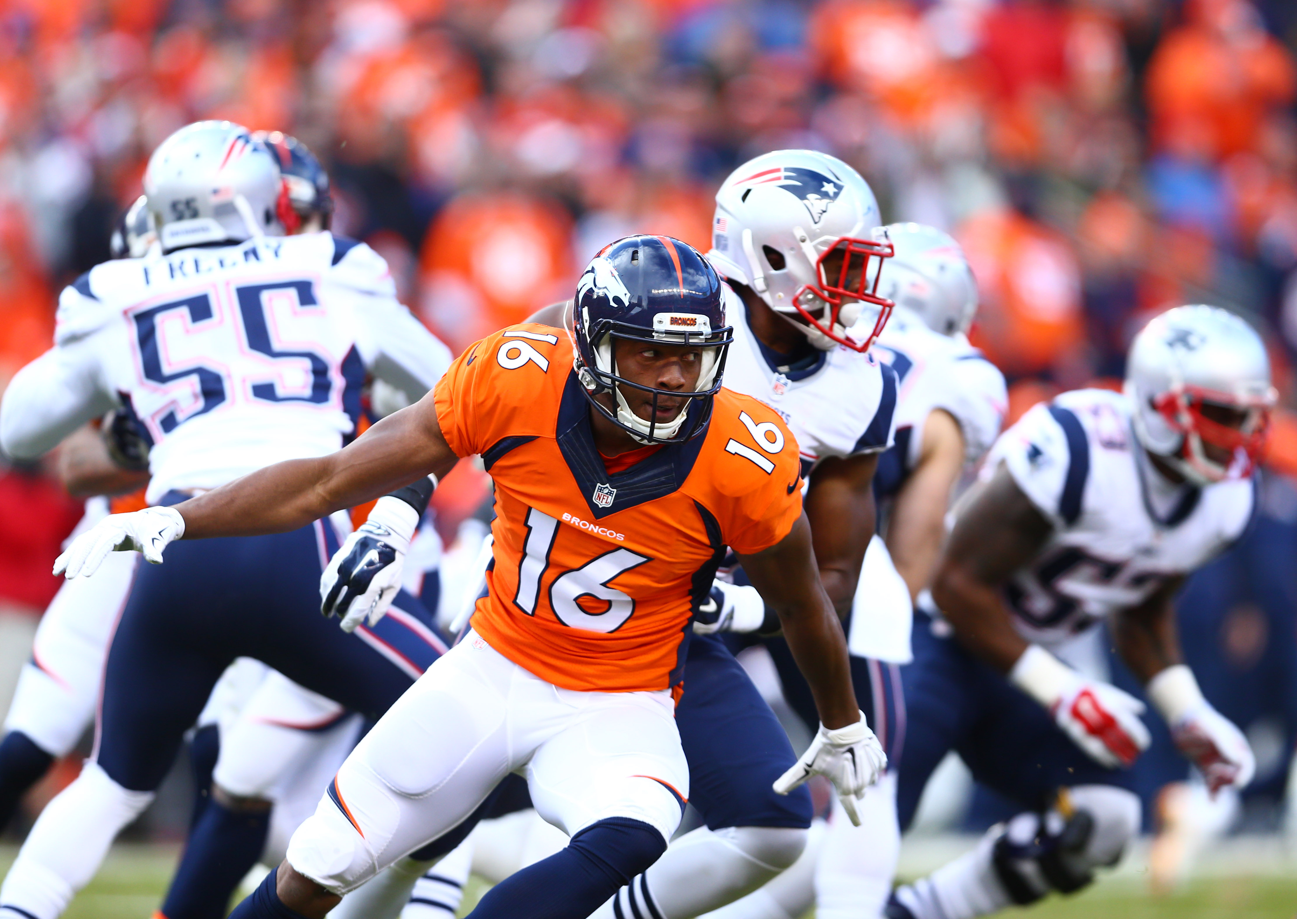 Denver Broncos running back C.J. Anderson celebrates winning the AFC  Championship game at Sport Authority Field at Mile High in Denver on  January 24, 2016. Denver advances to Super Bowl 50 defeating