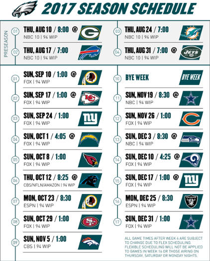 Philadelphia Eagles on X: The 2017 #Eagles schedule is out! Get in  guaranteed with tickets at NFL Ticket Exchange:    / X