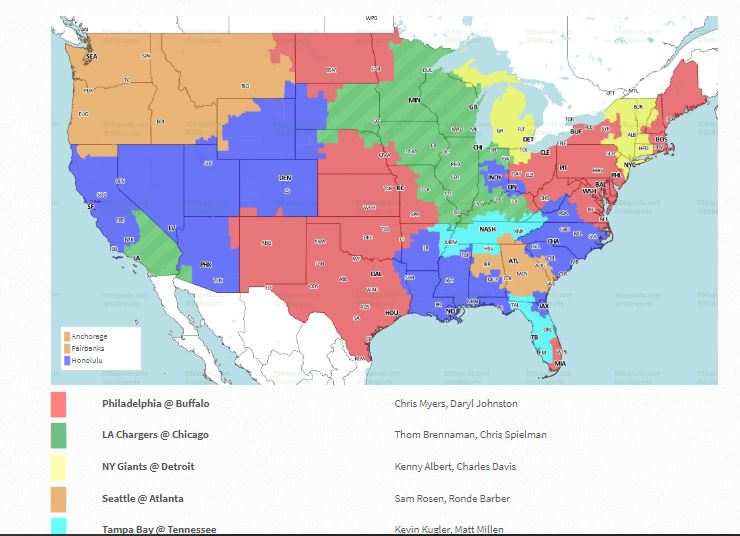 Week 1 NFL Broadcast map. Map on 506sports if interested to see