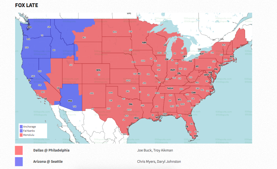 Philadelphia Eagles at Dallas Cowboys: TV broadcast map for Week 16