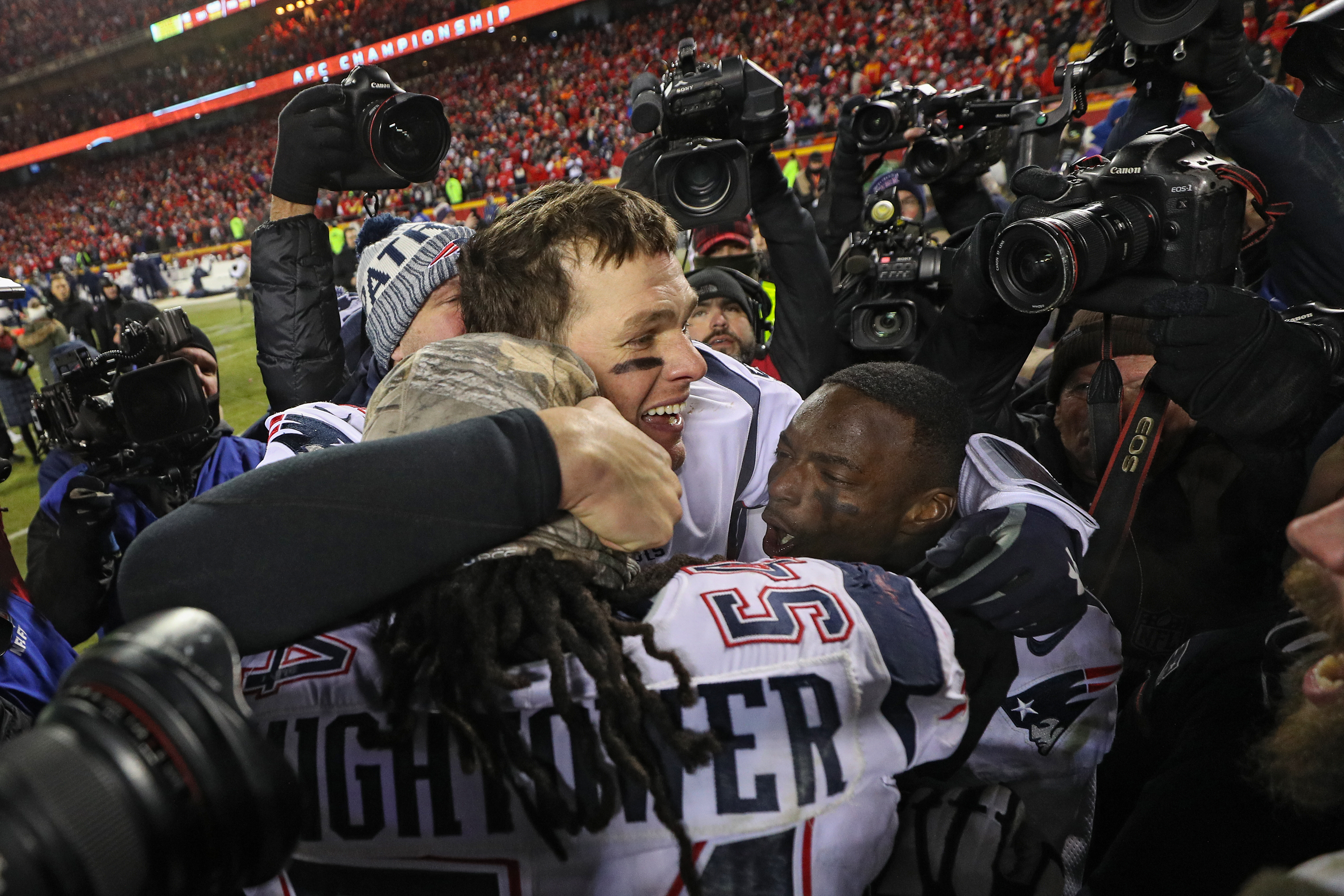 Tom Brady and Julian Edelman New England Patriots Unsigned Super Bowl LIII  Celebration Photograph