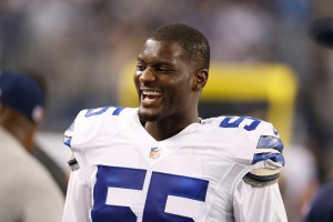 Dec 21, 2014; Arlington, TX, USA; Dallas Cowboys linebacker Rolando McClain (55) smiles on the sidelines during the fourth quarter against the Indianapolis Colts at AT&T Stadium. Mandatory Credit: Matthew Emmons-USA TODAY Sports