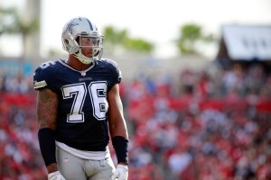 Nov 15, 2015; Tampa, FL, USA; Dallas Cowboys defensive end Greg Hardy (76) looks on against the Tampa Bay Buccaneers during the second half at Raymond James Stadium. Tampa Bay Buccaneers defeated the Dallas Cowboys 10-6. Mandatory Credit: Kim Klement-USA TODAY Sports