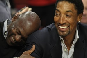 CHICAGO, IL - FEBRUARY 15: Former players Michael Jordan and Scottie Pippen of the Chicago Bulls share a laugh before a game between the Bulls and the Charlotte Bobcats at the United Center on February 15, 2011 in Chicago, Illinois. NOTE TO USER: User expressly acknowledges and agrees that, by downloading and/or using this photograph, User is consenting to the terms and conditions of the Getty Images License Agreement. (Photo by Jonathan Daniel/Getty Images)