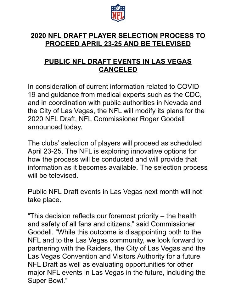 April NFL draft on schedule, no public events in Las Vegas