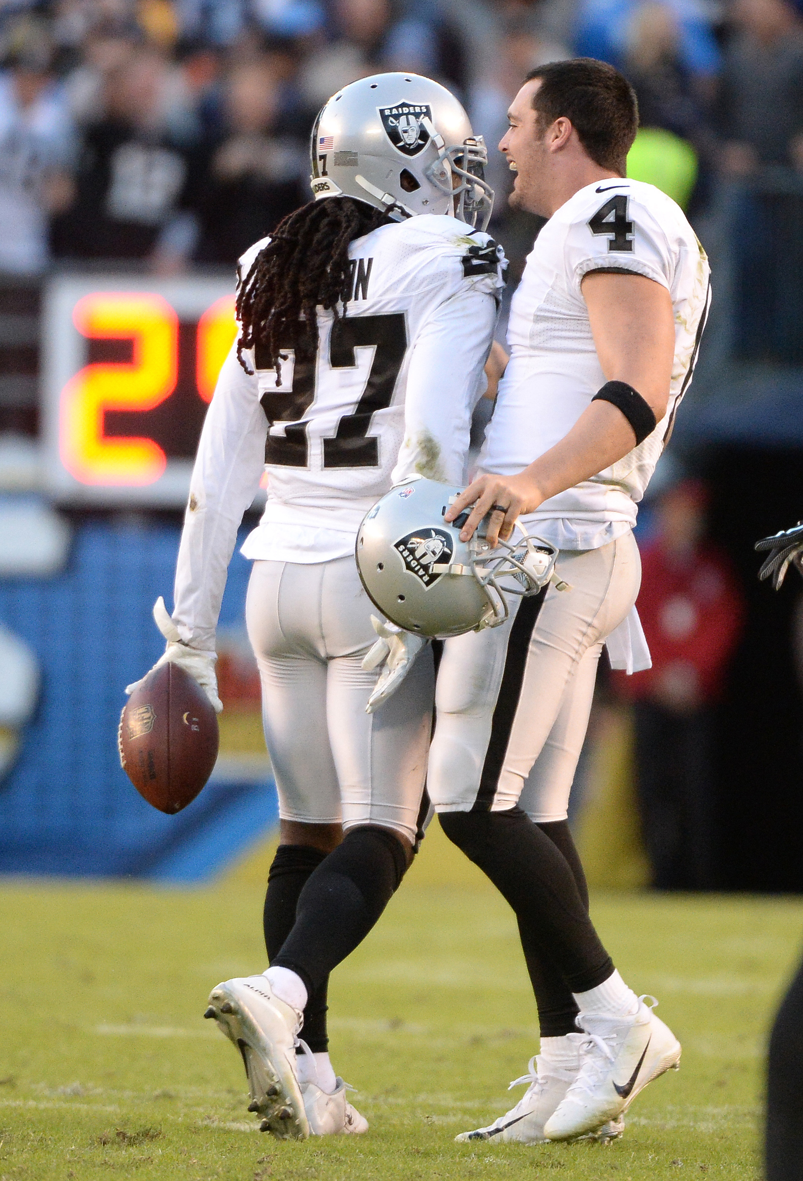 Oakland Raiders Reggie Nelson (27) celebrates intercepting pass