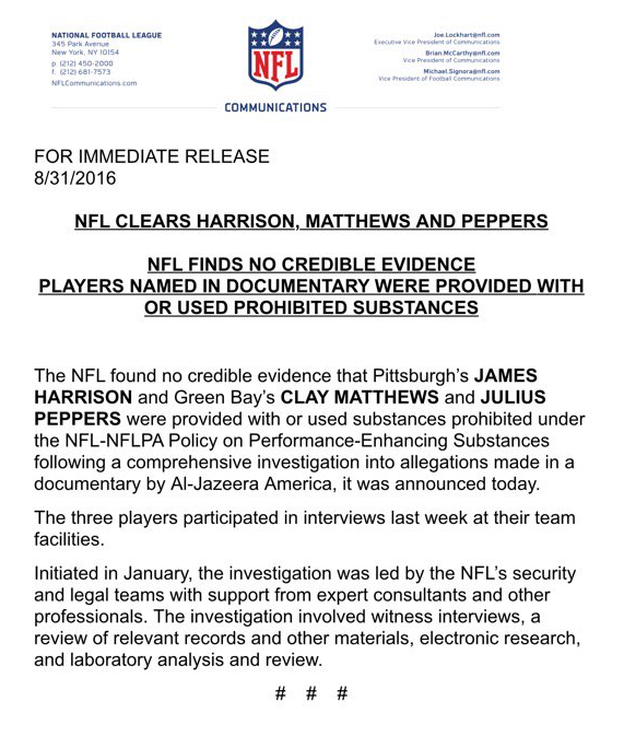 Pittsburgh Steelers' James Harrison denied PED use in sworn