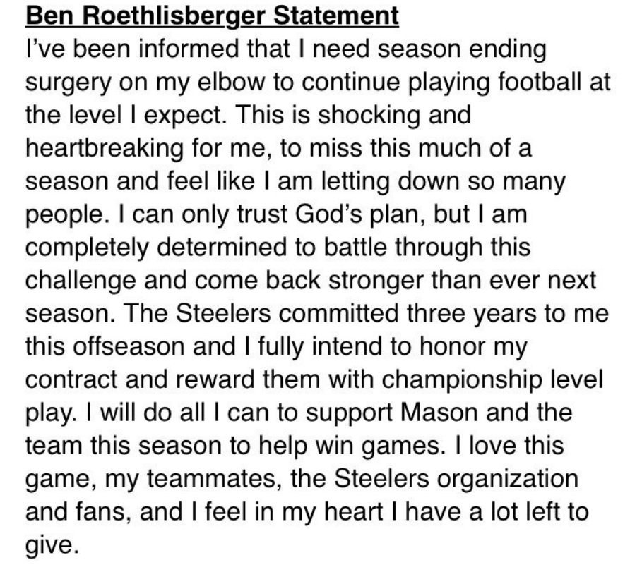 Ben Roethlisberger injury: Steelers QB releases a statement on his