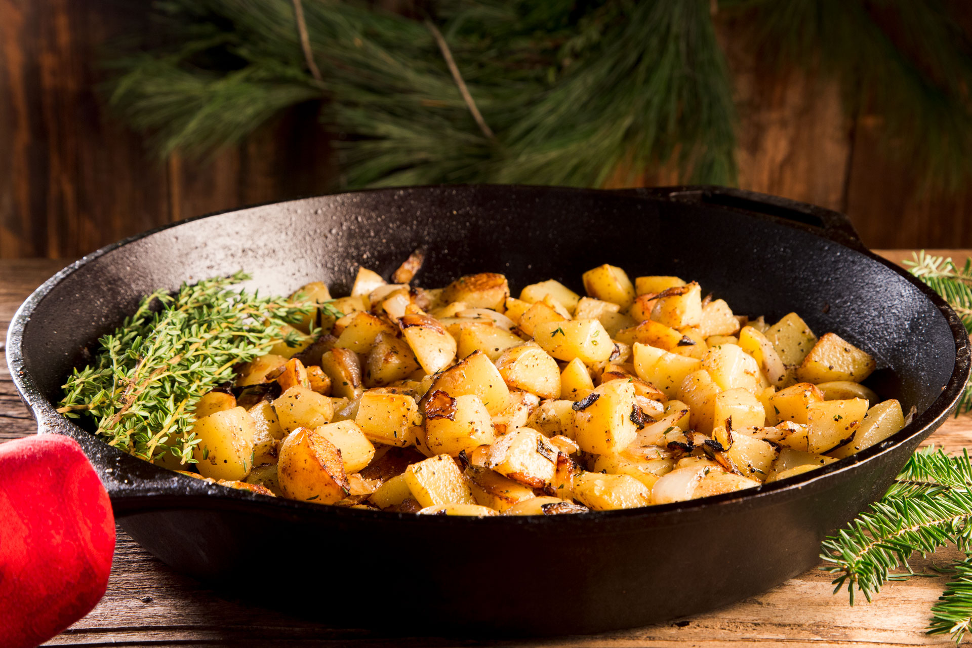 Fried Potatoes and Onions with Thyme are just the difference you need when considering potatoes for the holidays. This goes perfectly with a ham dinner, and is a beautiful skillet dish. For leftovers, if there are any, throw in some of your ham and make it a main dish.
