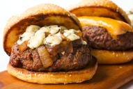 This delicious burger features beef patties, kosher salt, pepper, steak sauce, caramelized onions and sugar, and oh-so-flavorful bleu cheese.