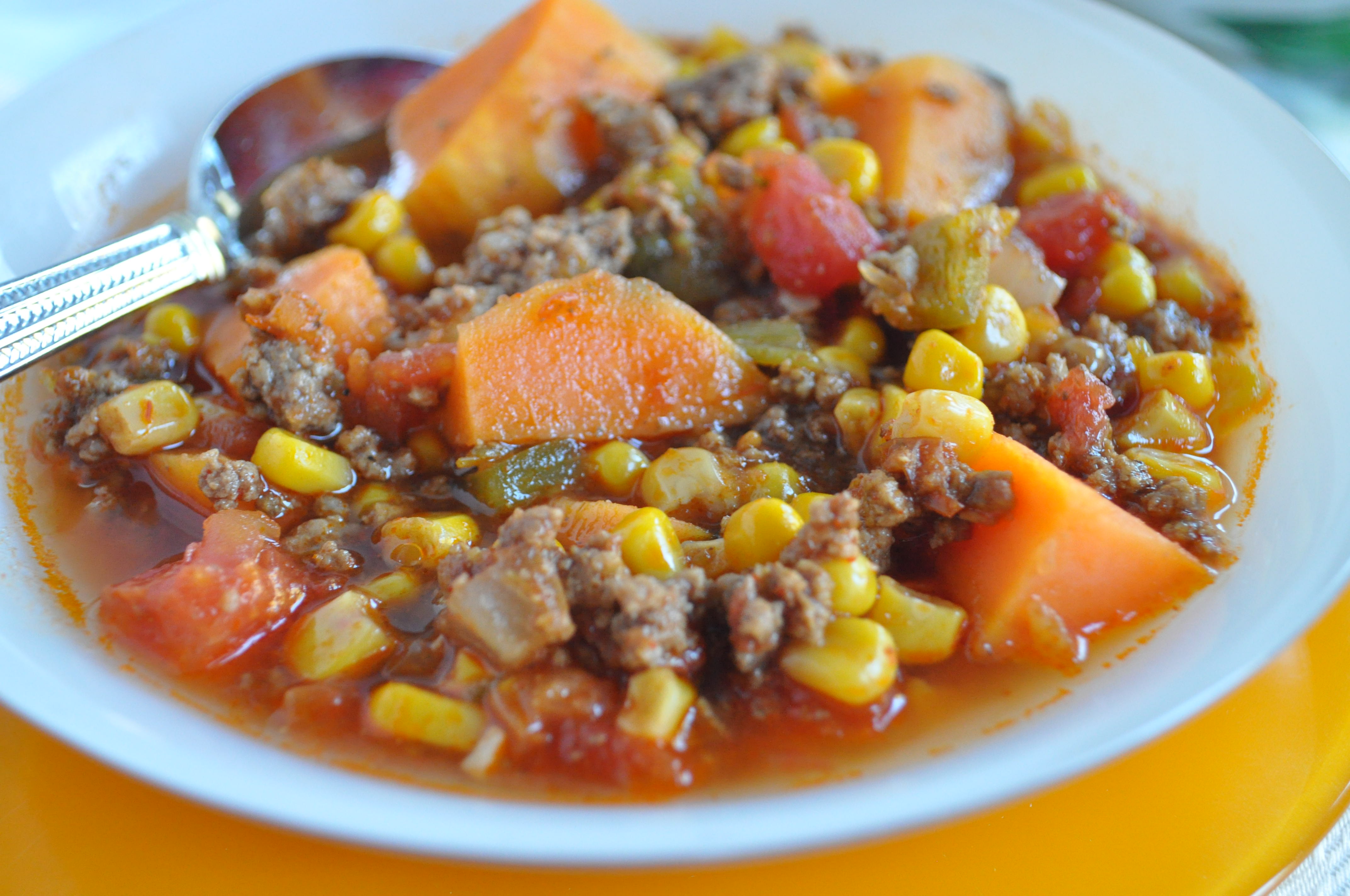 This hearty soup is chock full of ground sirloin, zesty diced tomatoes, green chilies and ripe sweet potatoes and corn, giving it that perfect Southwestern full flavor that will satisfy any cravings!