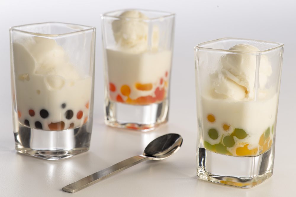 photo of three different flavors of Boba tapioca pearls in ice cream