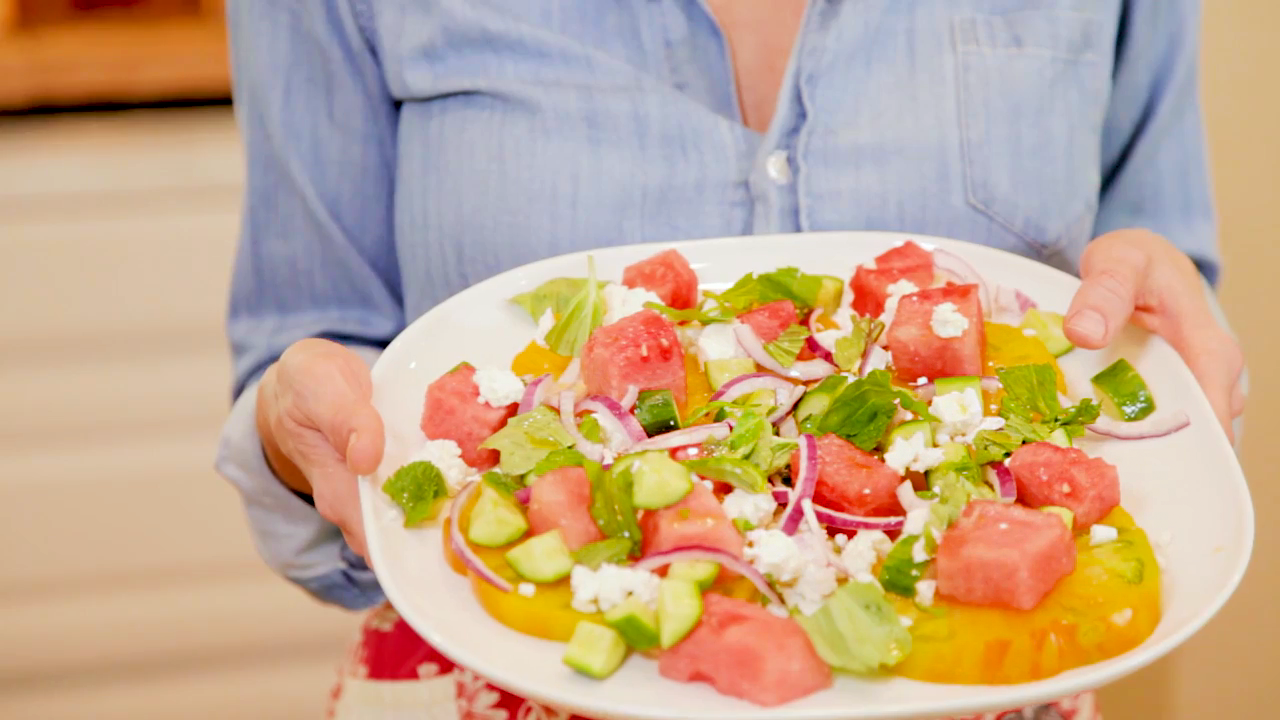 From Guest Contributor Roni Proter, the combination of sweet watermelon, juicy heirloom tomatoes, crunchy cucumber, bright herbs and salty feta is perfection! 