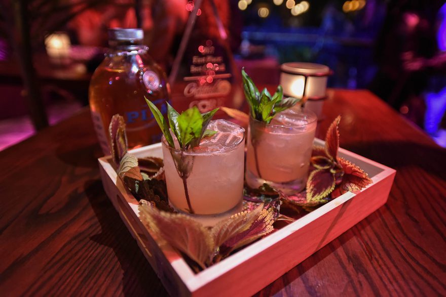 Shot of several Papa's Watering Hole cocktails on a serving tray.