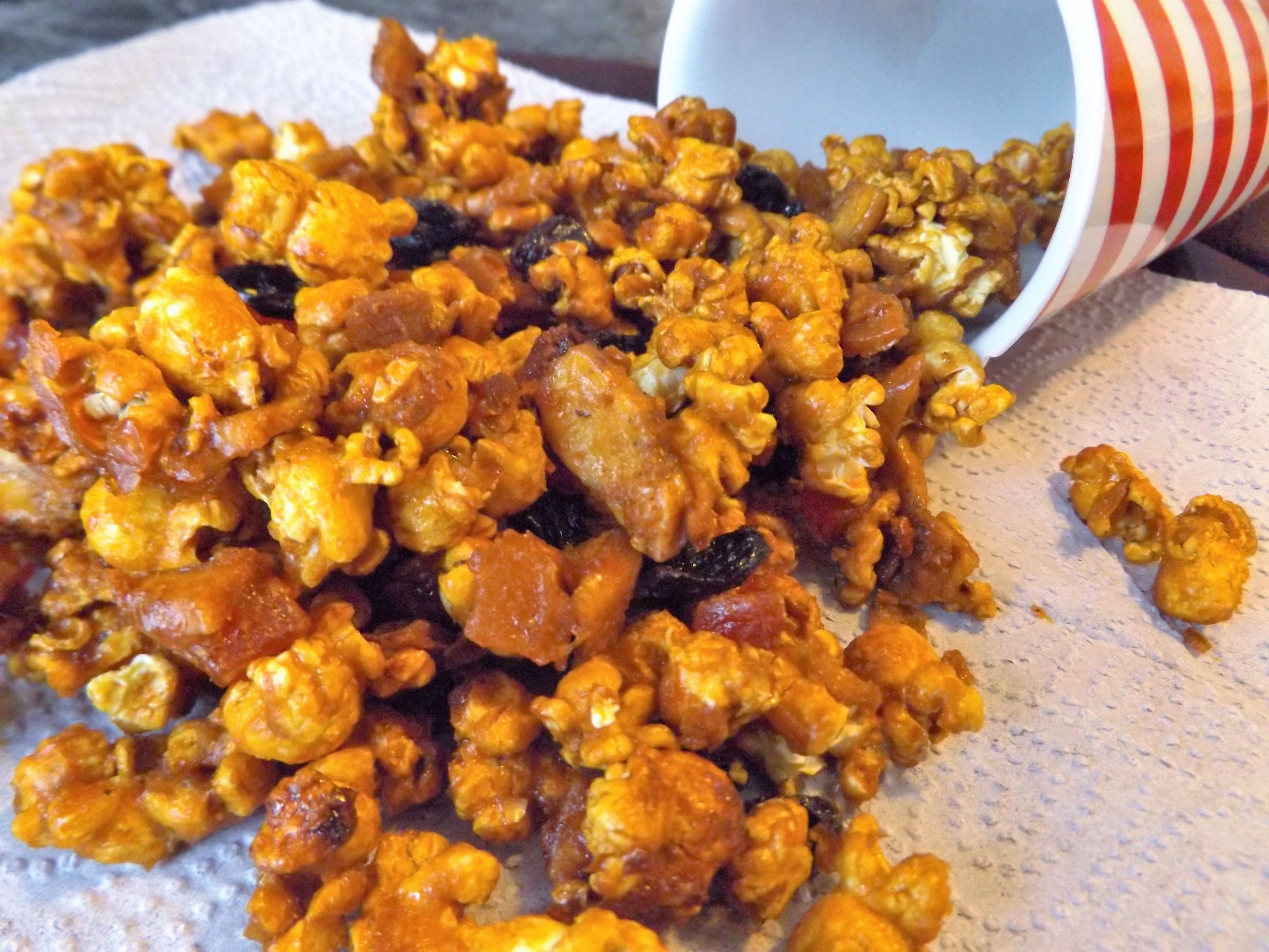 Use all nuts (roughly broken) of your choice, dried fruit of your choice or simply omit them all together and just enjoy crispy, spiced caramel popcorn. I use buttered and salted popcorn because everything just seems to go so well together.