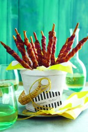 These fun appetizers are essentially bacon wrapped thing breadsticks that are baked and caramelized. It may sound simple, but it tastes like salty and sweet crunchy perfection.