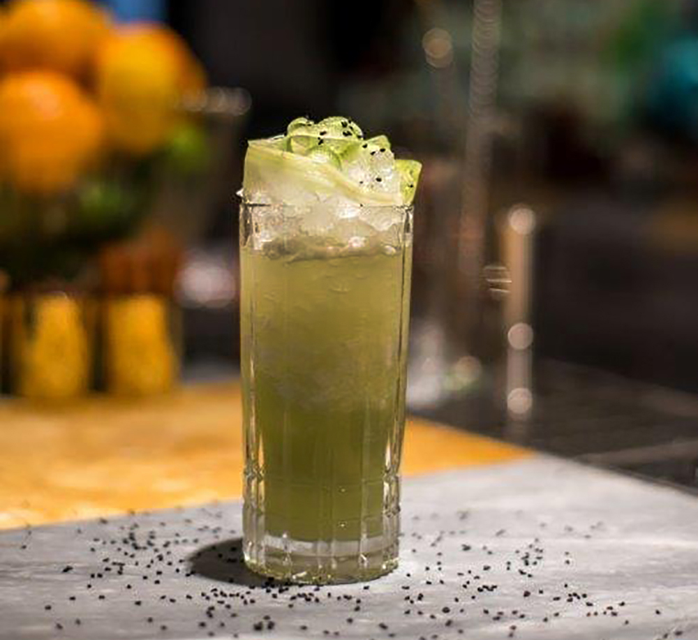 A twist on the traditional mojito, this invigorating and refreshing cocktail is made with rum, cold-pressed cucumber, and celery juice.