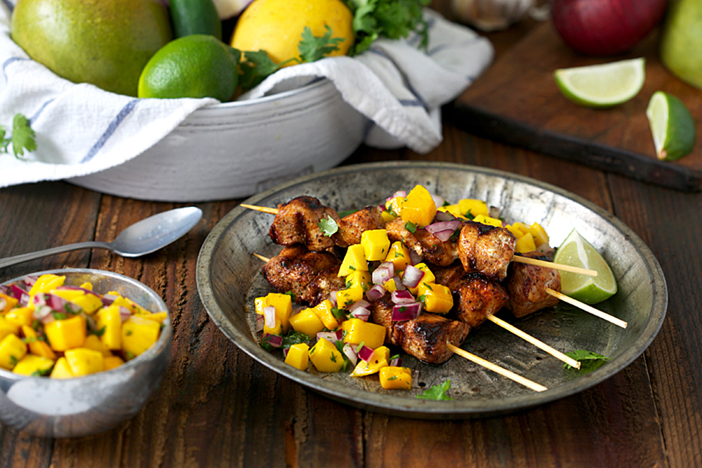 Three favorite things: jerk-rubbed chicken, mango and salsa. This recipe for Jerk Rubbed Chicken Skewers with Mango Salsa is Stephen Curry and we're sure dad will concur!