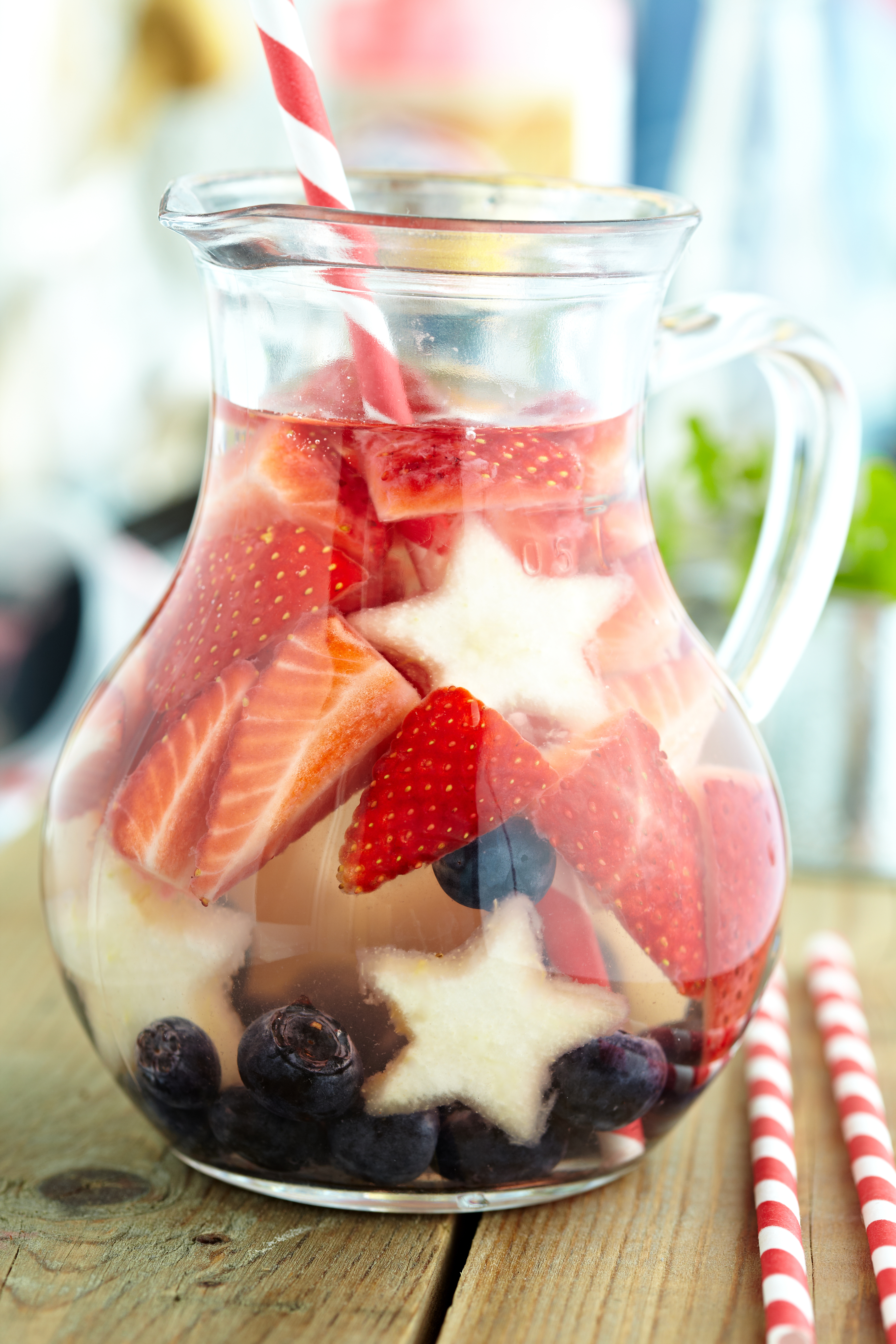 Large batch  Red, White, and Blue Sangria is not only incredibly tasty but it looks beautiful when served in a 2-quart glass pitcher. Impress your guests with a cocktail that's just as exciting as the fireworks.