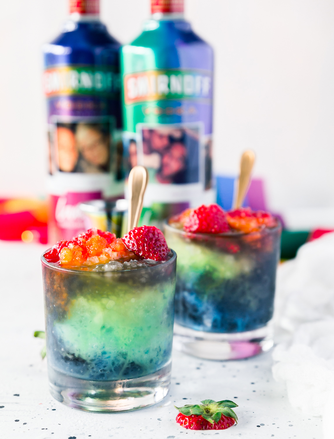The Smirnoff Pride Rainbow Slushie is made with packets of different colored drink powders to create a rainbow effect. 