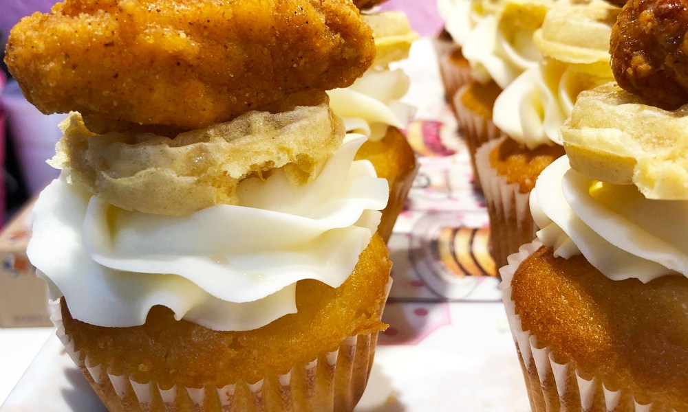 The Chicken and Waffle Cupcake came about as the chefs wanted to create the perfect brunch dessert. They brainstormed some ideas and came up with a play on a favored combination: chicken and waffles. 