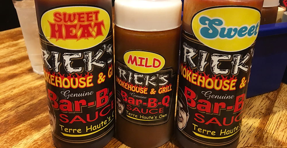 An assortment of the Midwestern style barbecue sauces available on the table at Rick's Smokehouse in Terre Haute, Indiana. 