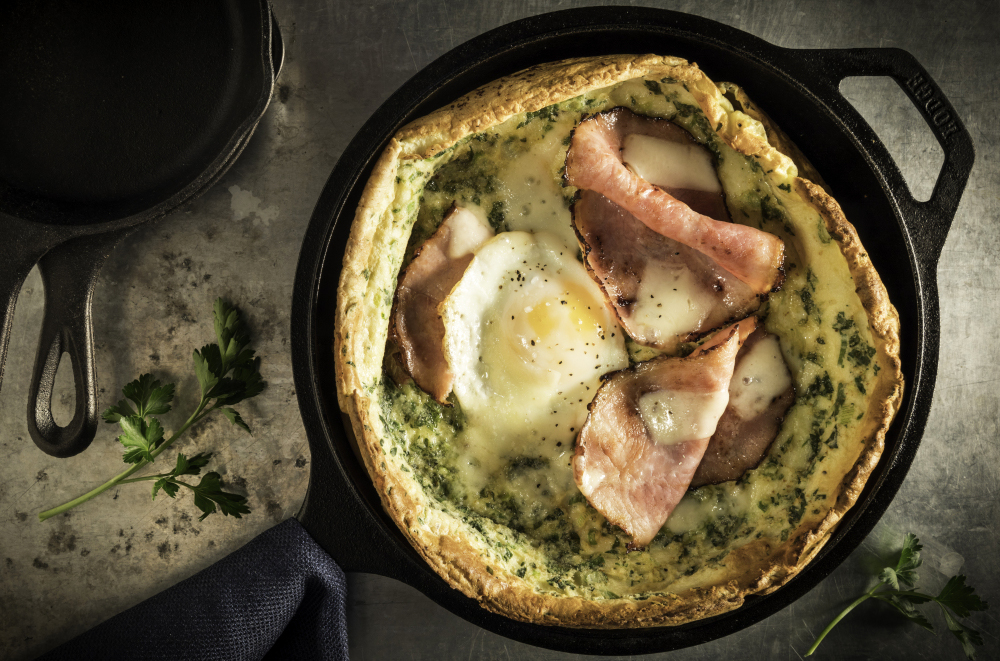Savory Dutch Baby with Eggs and Cheese. 