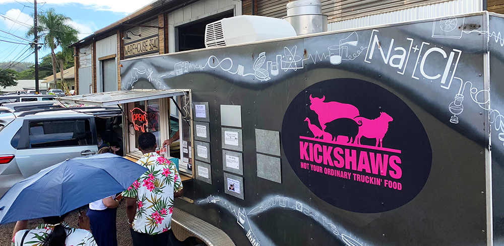 Kickshaw’s food truck moves as needed, but can often be found grouped with other popular food trucks on the South Shore of Kaua’i.