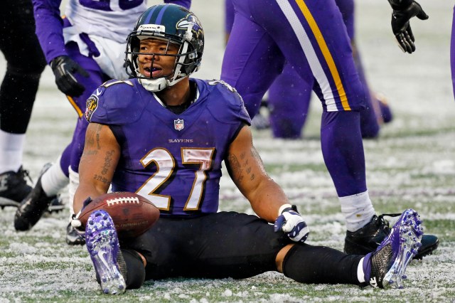 Baltimore Ravens running back Ray Rice reacts after being tackled against the Minnesota Vikings at M&T Bank Stadium. (Mitch Stringer - USA TODAY Sports)