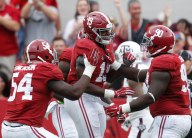 Alabama players celebrate an interception against Texas A&M. (Marvin Gentry, USA TODAY Sports)