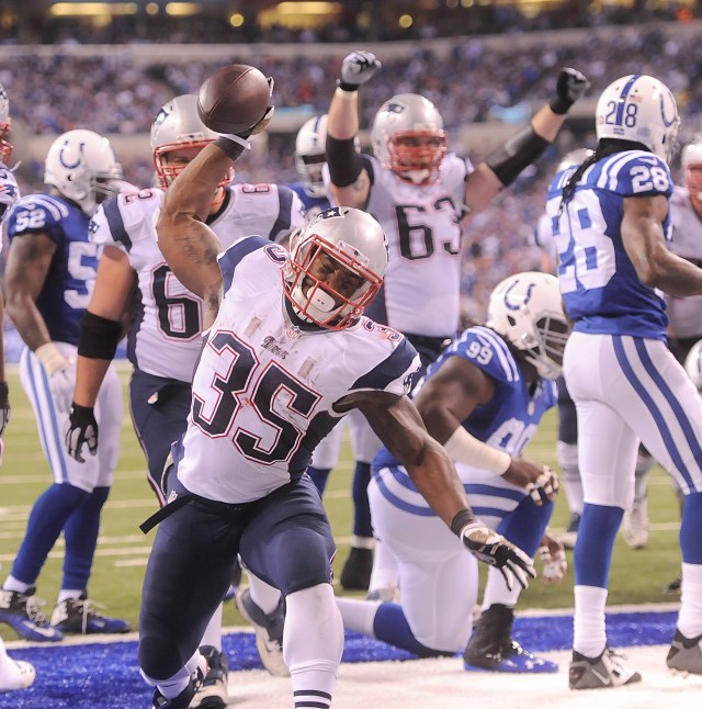 New England running back Jonas Gray celebrates one of his X touchdowns. (Thomas J. Russo, USA TODAY Sports)