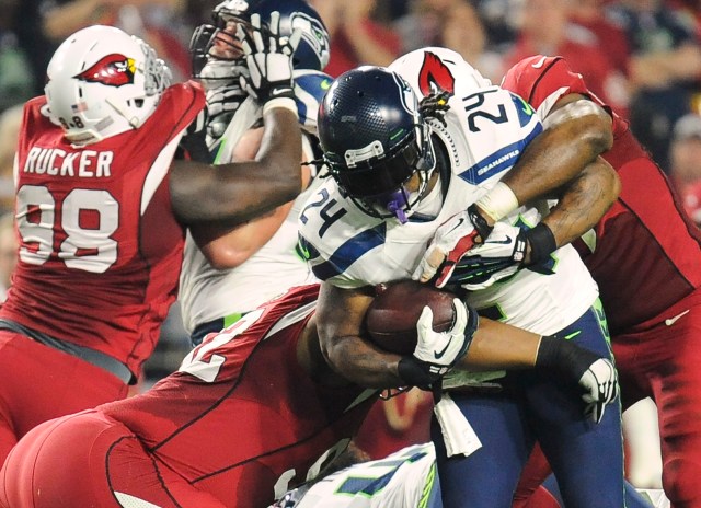 Marshawn Lynch appeared to be in Beast Mode for the entire game against Arizona. (Joe Camporeale, USA TODAY Sports)