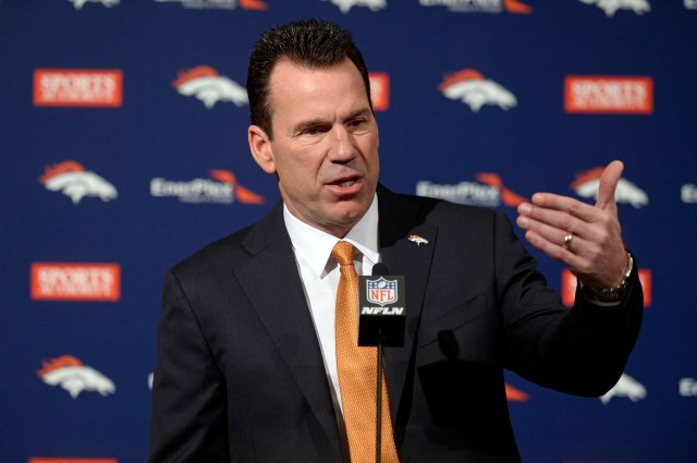 Denver Broncos head coach Gary Kubiak speaks to the media at the Broncos training facility. (Ron Chenoy-USA TODAY Sports)