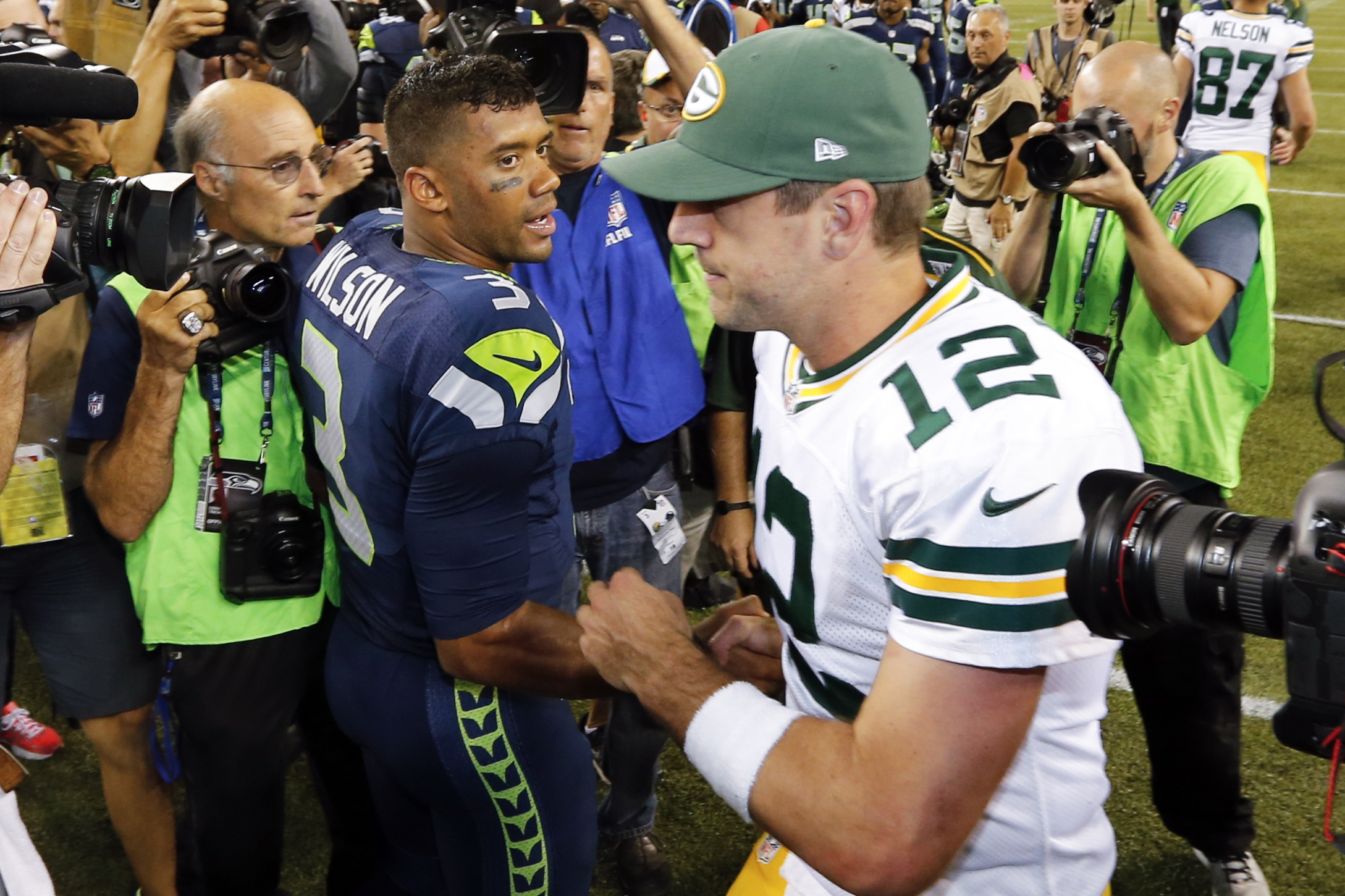 Will Seahawks QB Russell Wilson and NFL MVP Aaron Rodgers (12) vie for another NFC title? (Joe Nicholson, USA TODAY Sports)