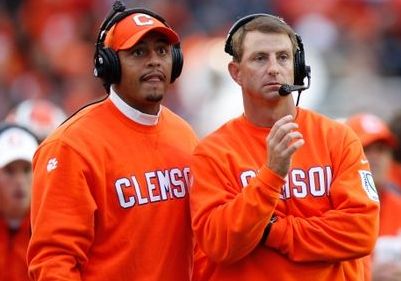 Sep 29, 2012; Chestnut Hill, Massachusetts, USA; Clemson Tigers head coach Dabo Swinney, right, and assistant coach Tony Elliott on the sideline during the second quarter against the Boston College Eagles at Alumni Stadium. Mandatory Credit: Greg M. Cooper-USA TODAY Sports