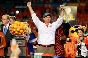 Clemson head coach Dabo Swinney reacts after the 2015 CFP Semifinal against the Oklahoma Sooners at the Orange Bowl at Sun Life Stadium. Clemson won 37-17. Mandatory Credit: Kim Klement-USA TODAY Sports ORG XMIT: USATSI-233886 ORIG FILE ID: 20151231_gma_sv7_130.jpg