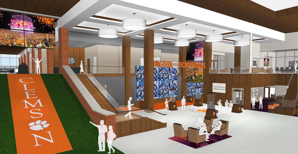 This will be the front lobby of Clemson's new football complex. Paw Journey will be located to the far right and will be two levels. (illustration courtesy Clemson Athletic Communications)