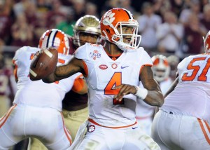 Oct 29, 2016; Tallahassee, FL, USA; Clemson Tigers quarterback Deshaun Watson (4) looks to throw the ball during the game against the Florida State Seminoles at Doak Campbell Stadium. Mandatory Credit: Melina Vastola-USA TODAY Sports