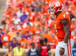 Oct 15, 2016; Clemson, SC, USA; Clemson Tigers quarterback Deshaun Watson (4) prior to the snap during the second half against the North Carolina State Wolfpack at Clemson Memorial Stadium. Tigers won 24-17. Mandatory Credit: Joshua S. Kelly-USA TODAY Sports