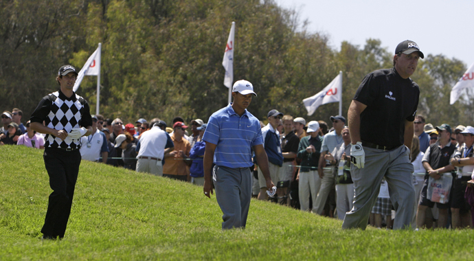 Adam Scott (from left), Tiger Woods and Phil Mickelson at the 2008 U.S. Open.