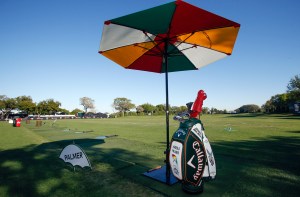 Mar 16, 2017; Orlando, FL, USA; A tee box on the range is reserved containing a golf bag and umbrella for Arnold Palmer during the first round of the Arnold Palmer Invitational golf tournament at Bay Hill Club and Lodge. Mandatory Credit: Reinhold Matay-USA TODAY Sports