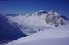 Jillian Raymond and Paul Oelerich skin up a snowfield on their way to summiting a previously unskied nunatak.