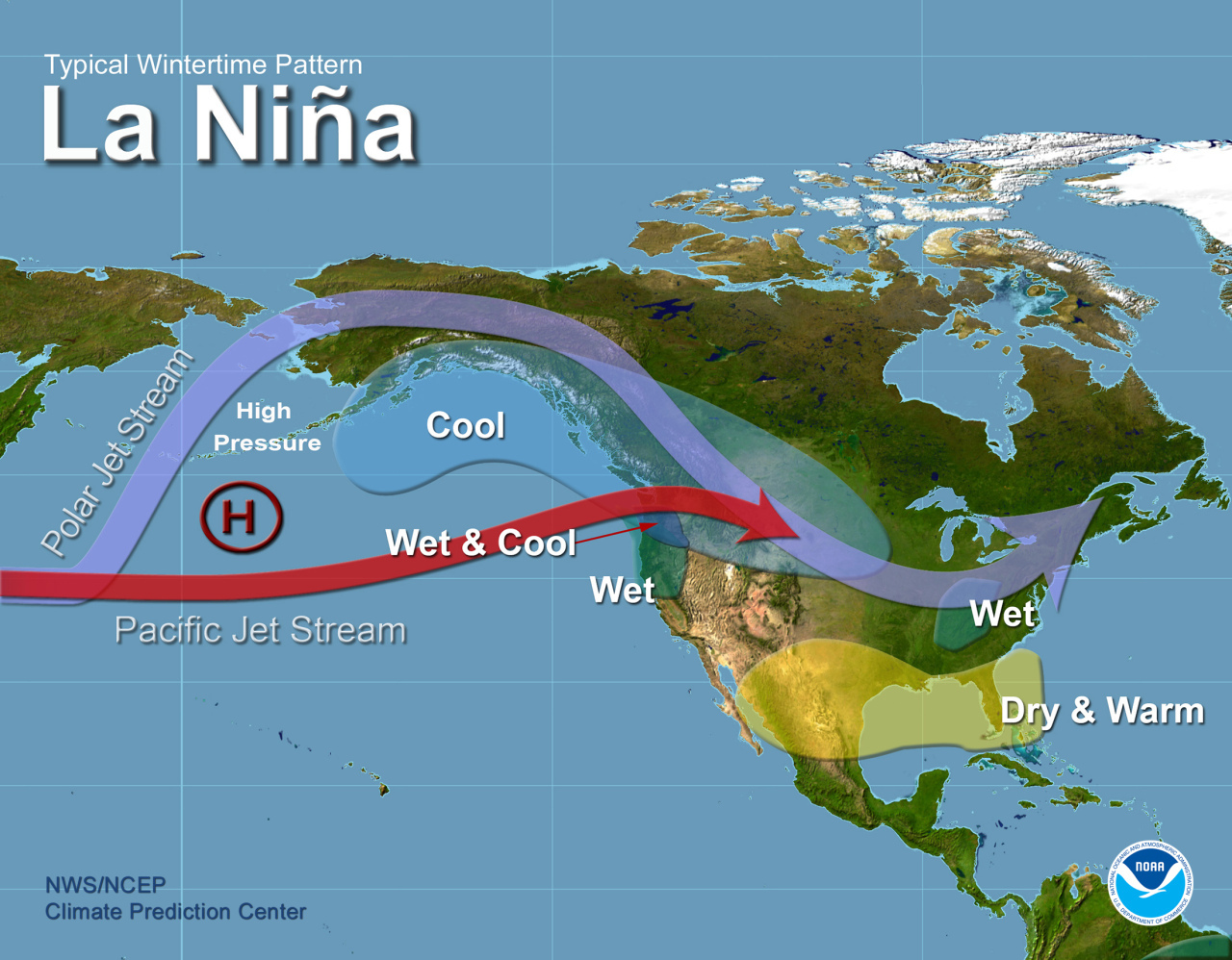 NOAA map showing a typical La Nina weather pattern 