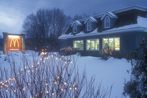 Mcdonalds fast food restaurant stowe holiday decorations christmas winter vermont mcdonalds restaurant mountain road stowe decorated for christmas holiday season snow covered evening lamoille county state vermont