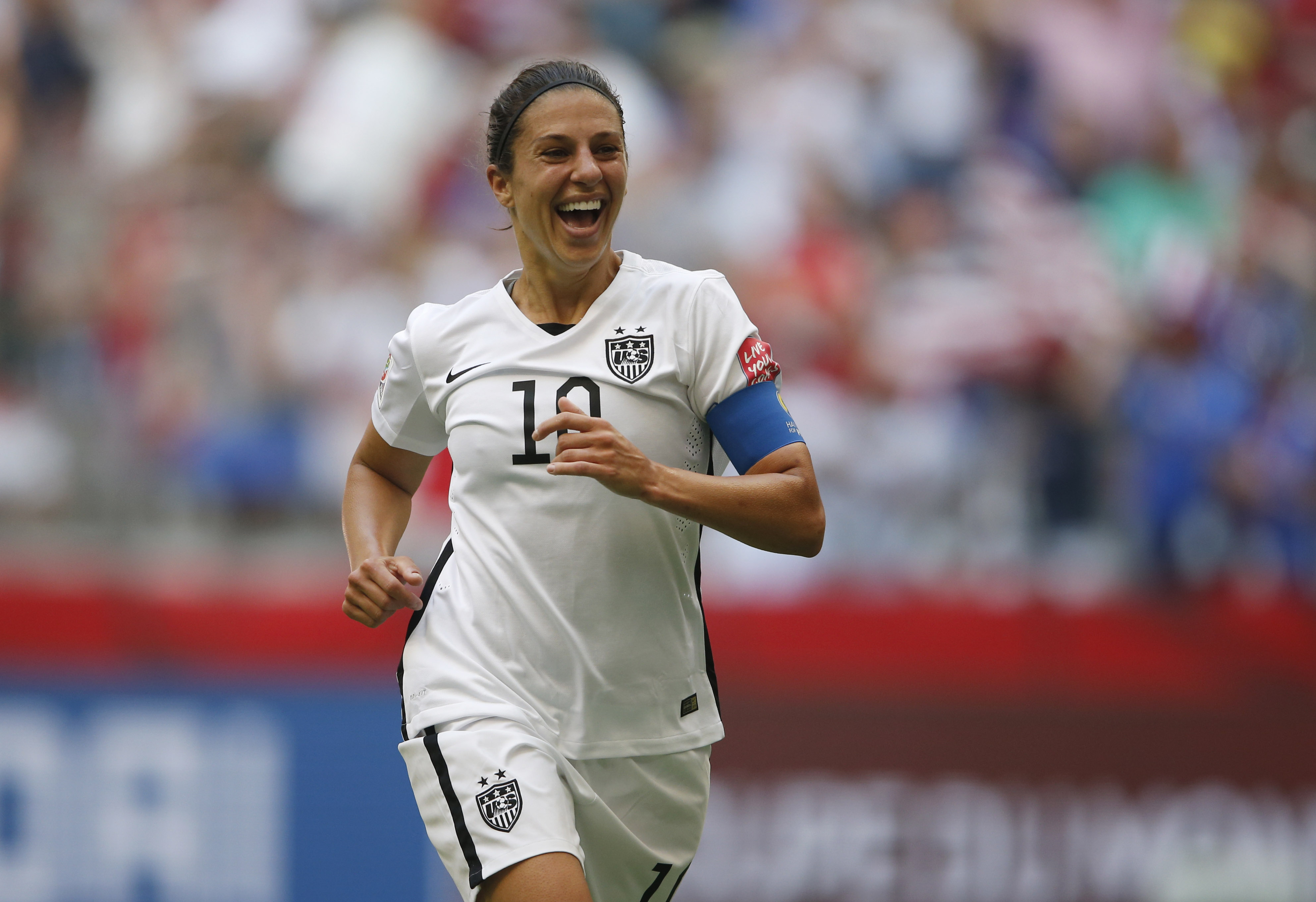 Jul 5, 2015; Vancouver, British Columbia, CAN; United States midfielder Carli Lloyd (10) celebrates after scoring against Japan during the first half of the final of the FIFA 2015 Women's World Cup at BC Place Stadium. Mandatory Credit: Michael Chow-USA TODAY Sports