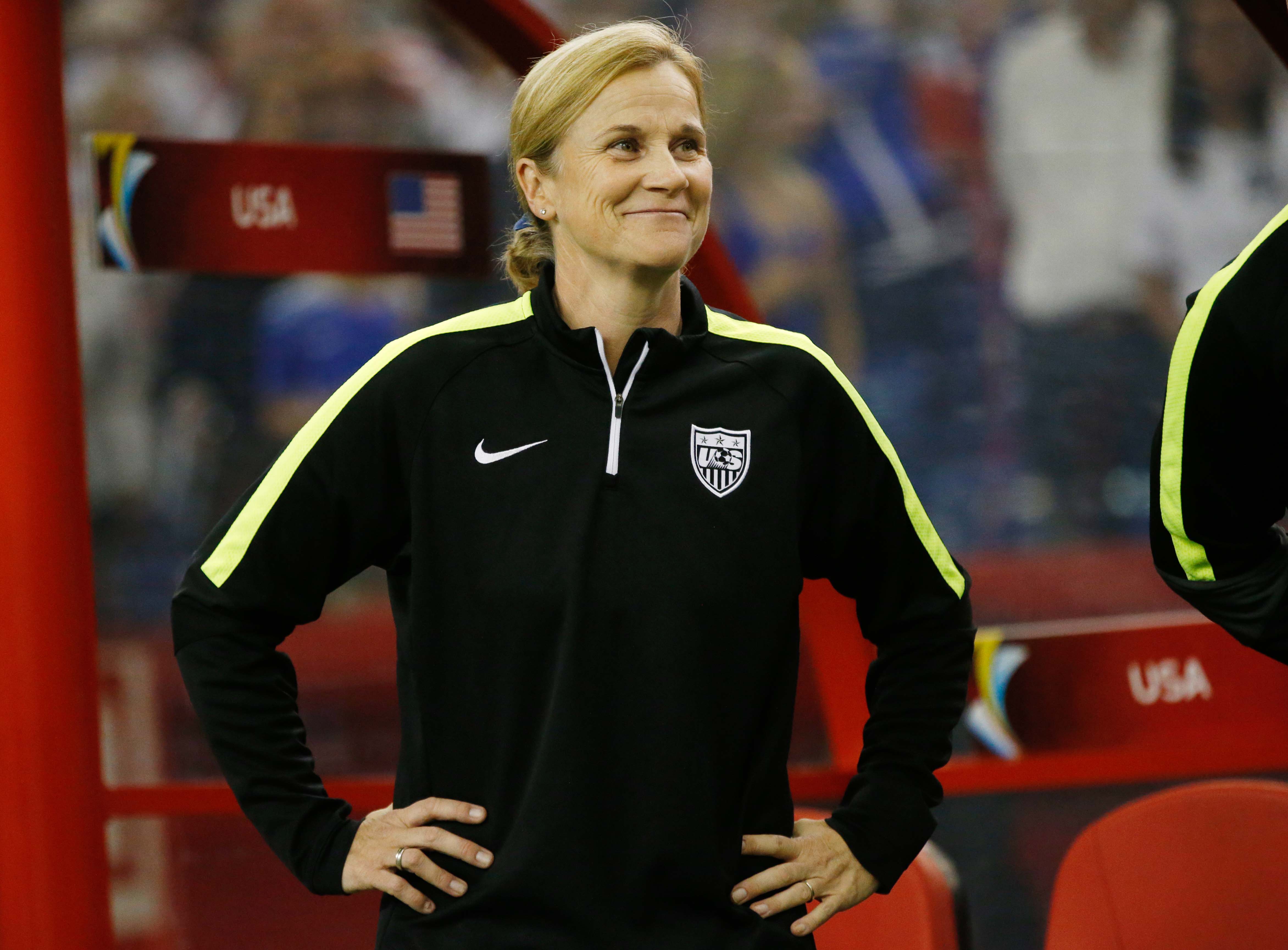 Jun 30, 2015; Montreal, Quebec, CAN; United States head coach Jill Ellis stands during pre-game ceremonies before playing Germany in the semifinals of the FIFA 2015 women's World Cup at Olympic Stadium. The U.S. won 2-0. Mandatory Credit: Michael Chow-USA TODAY Sports