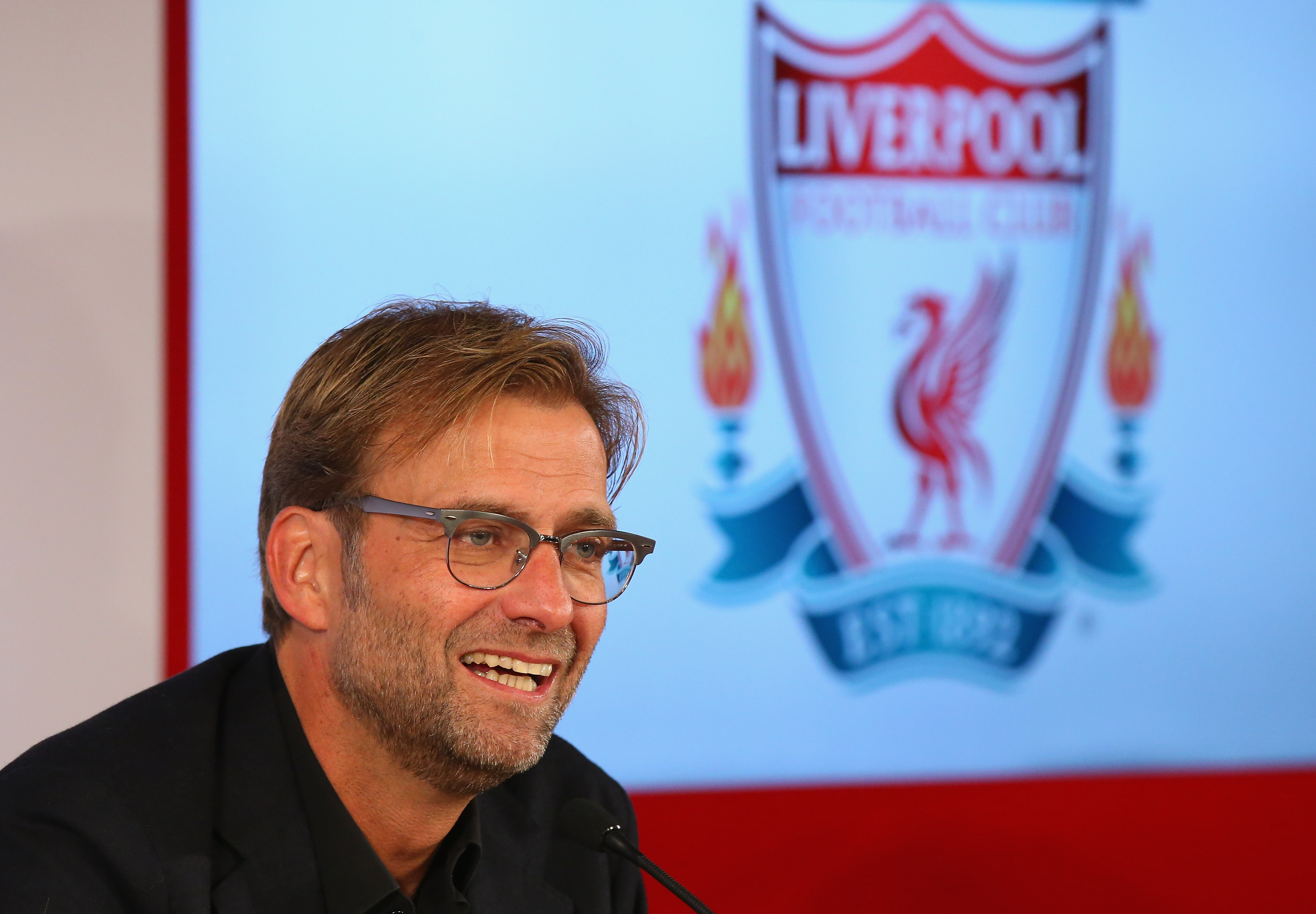 Jurgen Klopp at Anfield is unveiled as the new manager of Liverpool FC during a press conference at Anfield on October 9, 2015 in Liverpool, England.