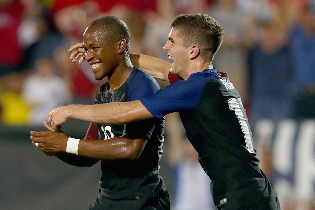 FRISCO, TX - MAY 25: Nagbe Darlington #10 of the United States celebrates with Christian Pulisic #17 of the United States after scoring against Ecuador during an International Friendly match at Toyota Stadium on May 25, 2016 in Frisco, Texas. (Photo by Tom Pennington/Getty Images)